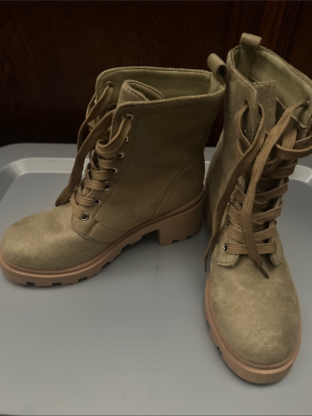 Qupid Women's Lace-Up Combat Boots in Taupe
